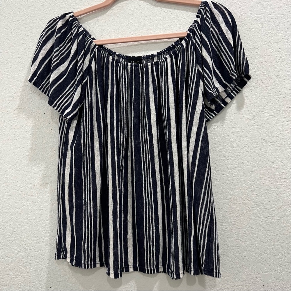 ANTHROPOLOGIE W5 FLUTTER SLEEVE OFF SHOULDER BLUE AND‎ WHITE STRIPE TOP SIZE L